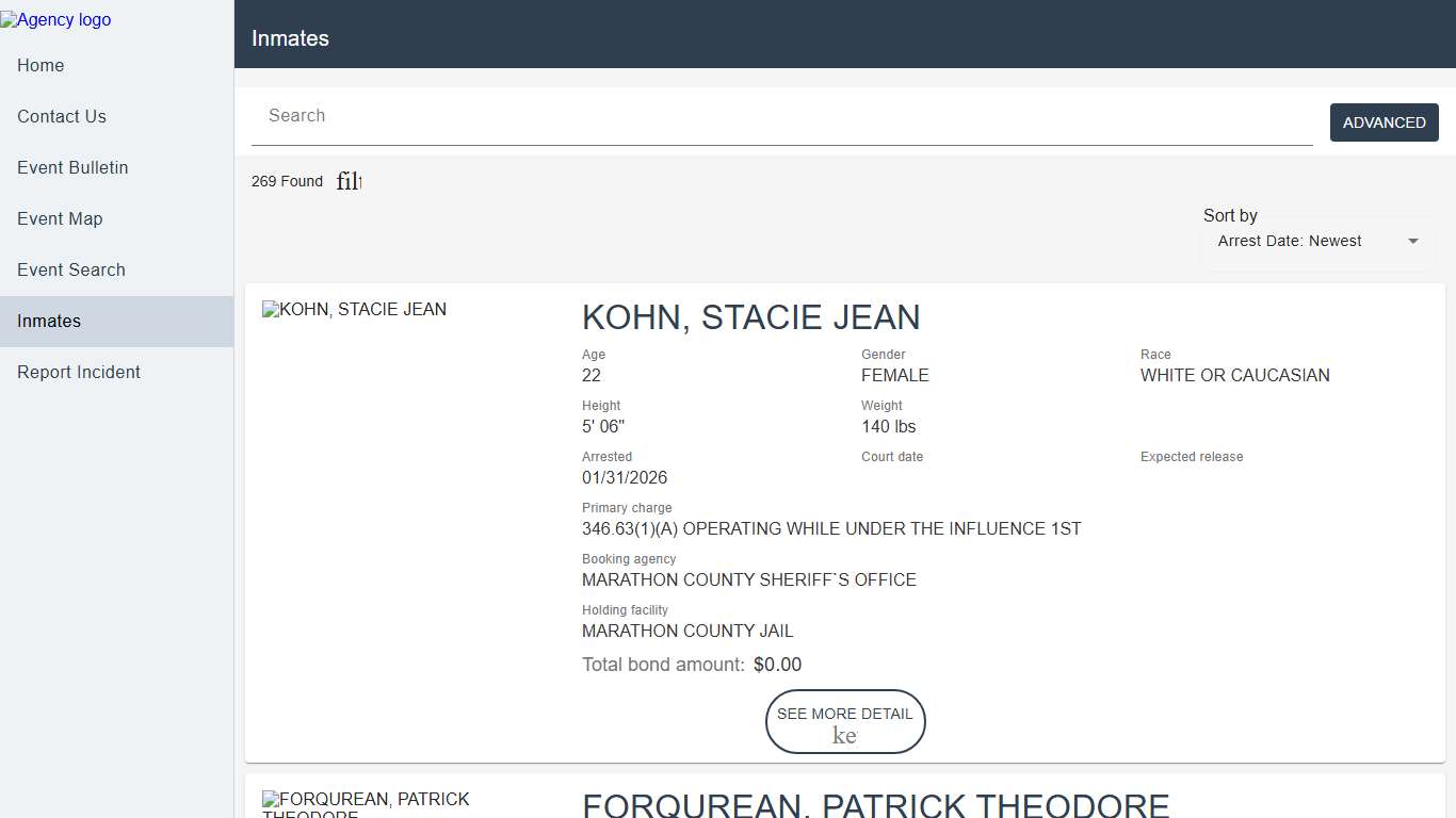 Marathon County Sheriff's Office Police to Citizen - Inmates catalog
